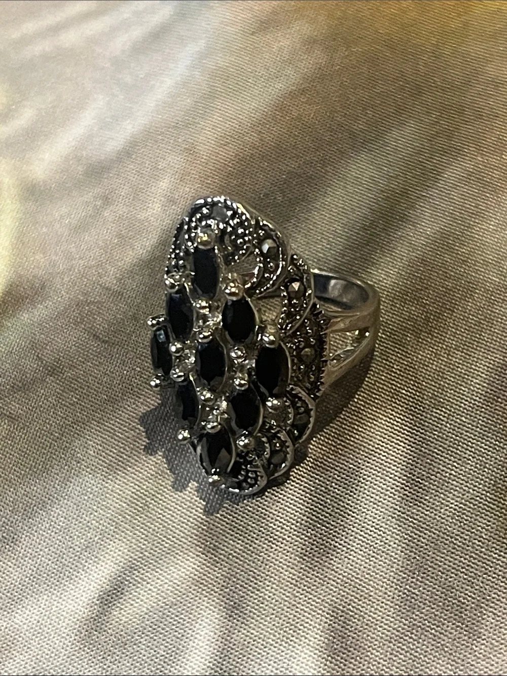 Silver-Tone Ring with Black Marquise Stones